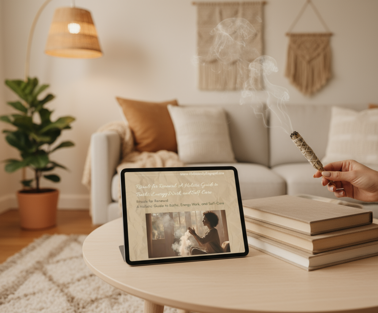 Boho living room with tablet showcasing ebook